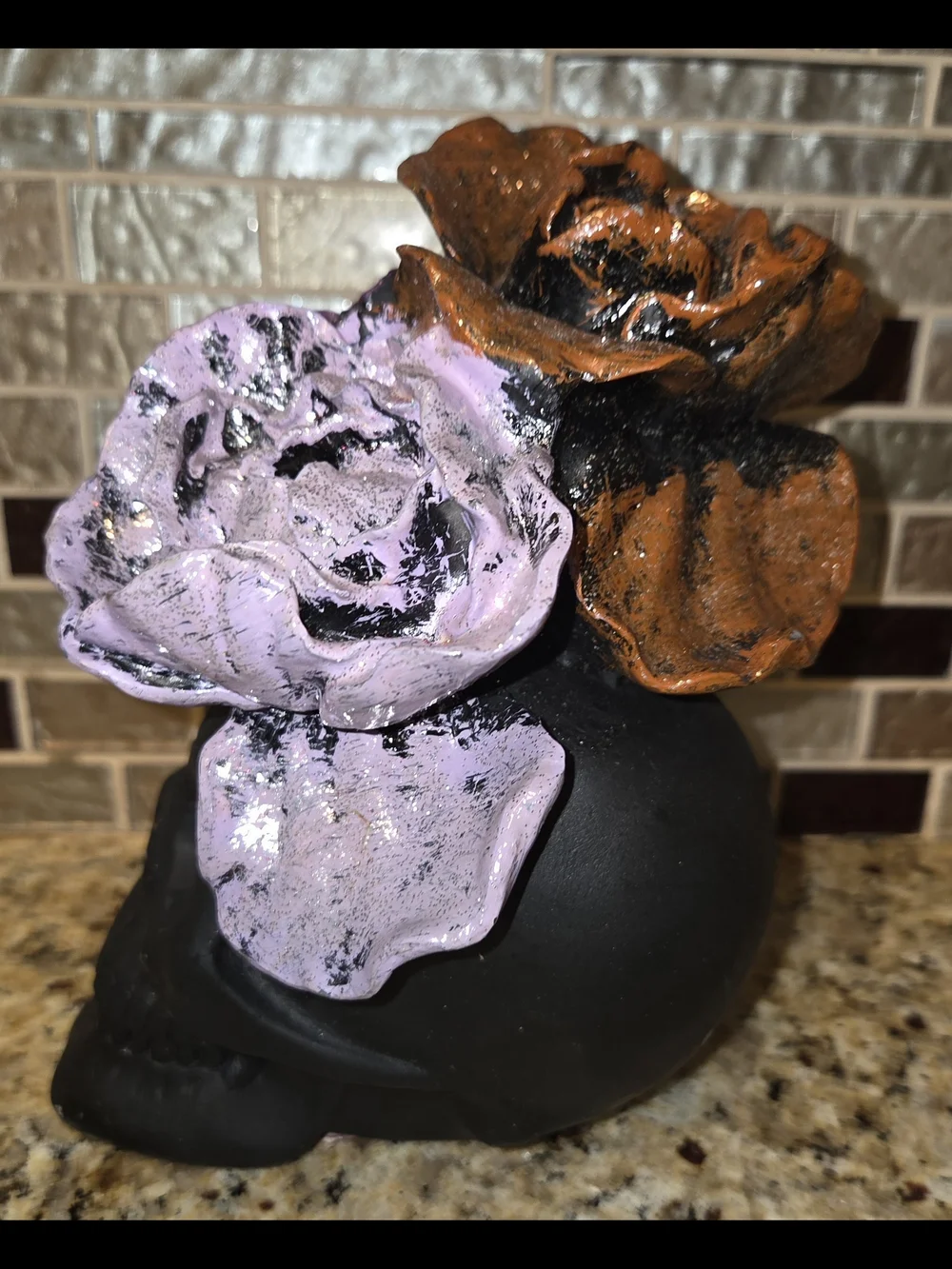 Black Resin Decorative Halloween Skull with Purple Lavender & Orange Flowers